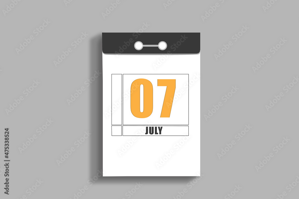 july 7. 7th day of month, calendar date.White page of tear-off calendar, on gray insulated wall. Concept of day of year, time planner, summer month july 7. 7th day of month, calendar date.White page of tear-off calendar, on gray insulated wall. Concept of day of year, time planner, summer month