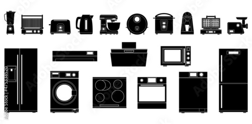 A set of black and white icons of kitchen and household appliances. Black silhouette on a white background. Electrical appliances for home and kitchen.