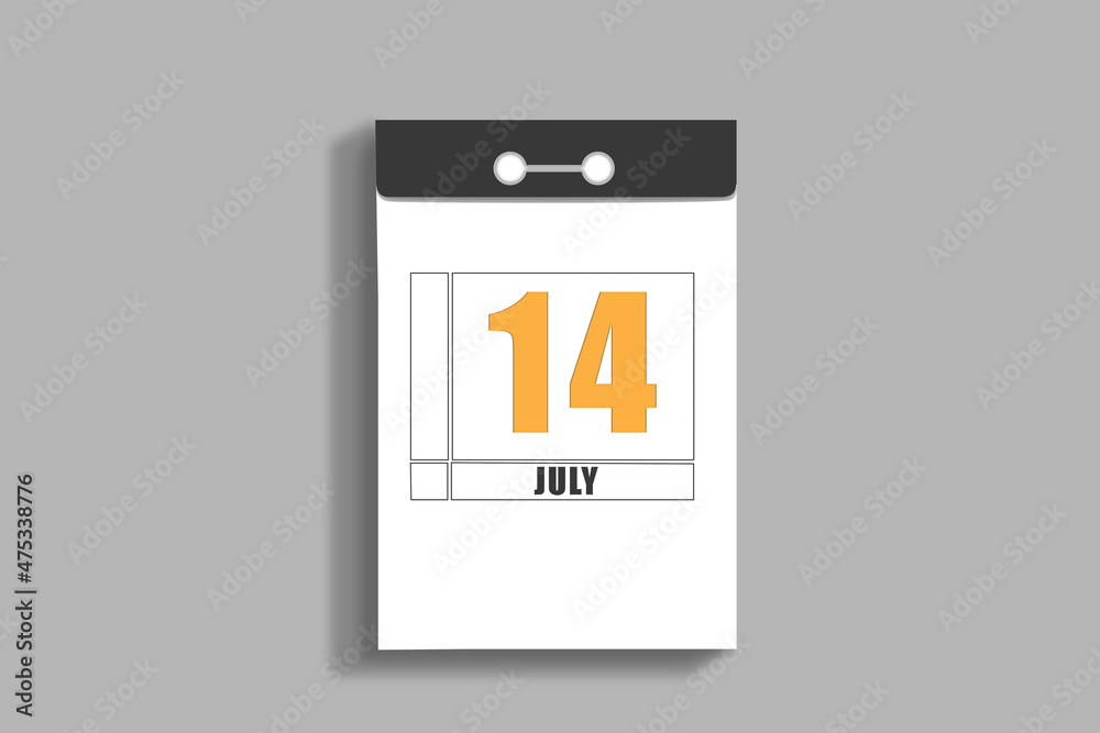 july 14. 14th day of month, calendar date.White page of tear-off calendar, on gray insulated wall. Concept of day of year, time planner, summer month july 14. 14th day of month, calendar date.White page of tear-off calendar, on gray insulated wall. Concept of day of year, time planner, summer month