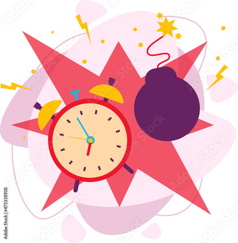 The bell on the clock explodes like a bomb. A bomb and an alarm clock. Flat vector illustration.