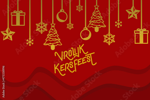 Translation: Merry Christmas. Vrolijk Kerstfeest vector text Calligraphic Lettering design card template. Suitable for greeting card, poster and banner.