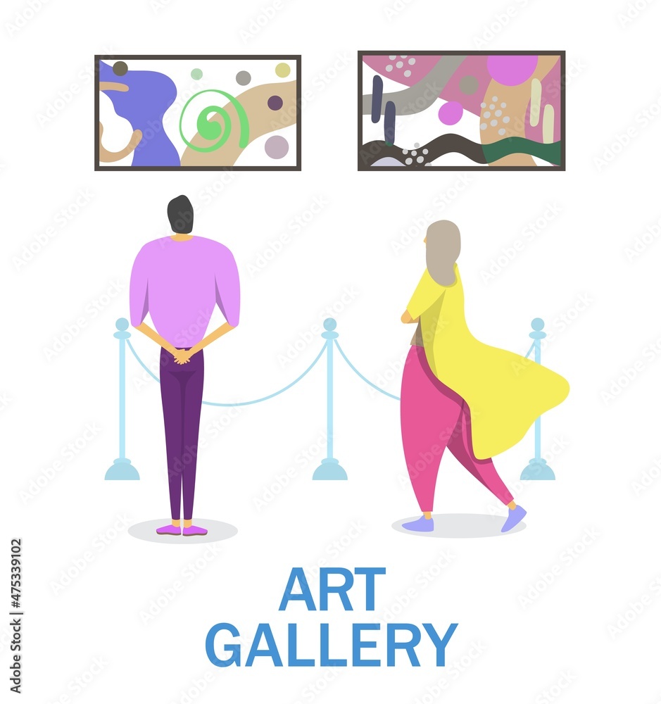 Art gallery, museum exhibition, vector illustration. People viewing modern abstract art painting on wall. Cultural event