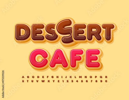 Vector advertising banner Dessert Cafe. Chocolate Donut Font. Creative Alphabet Letters and Numbers set