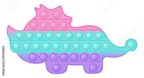 Popit figure dinosaur a fashionable silicon toy for fidgets. Addictive anti stress toy in pastel colors. Bubble anxiety developing vibrant pop it toys for kids. Vector illustration isolated on white.