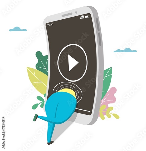 Addicted to the internet woman watching video on smartphone, flat vector illustration. Internet video addiction.