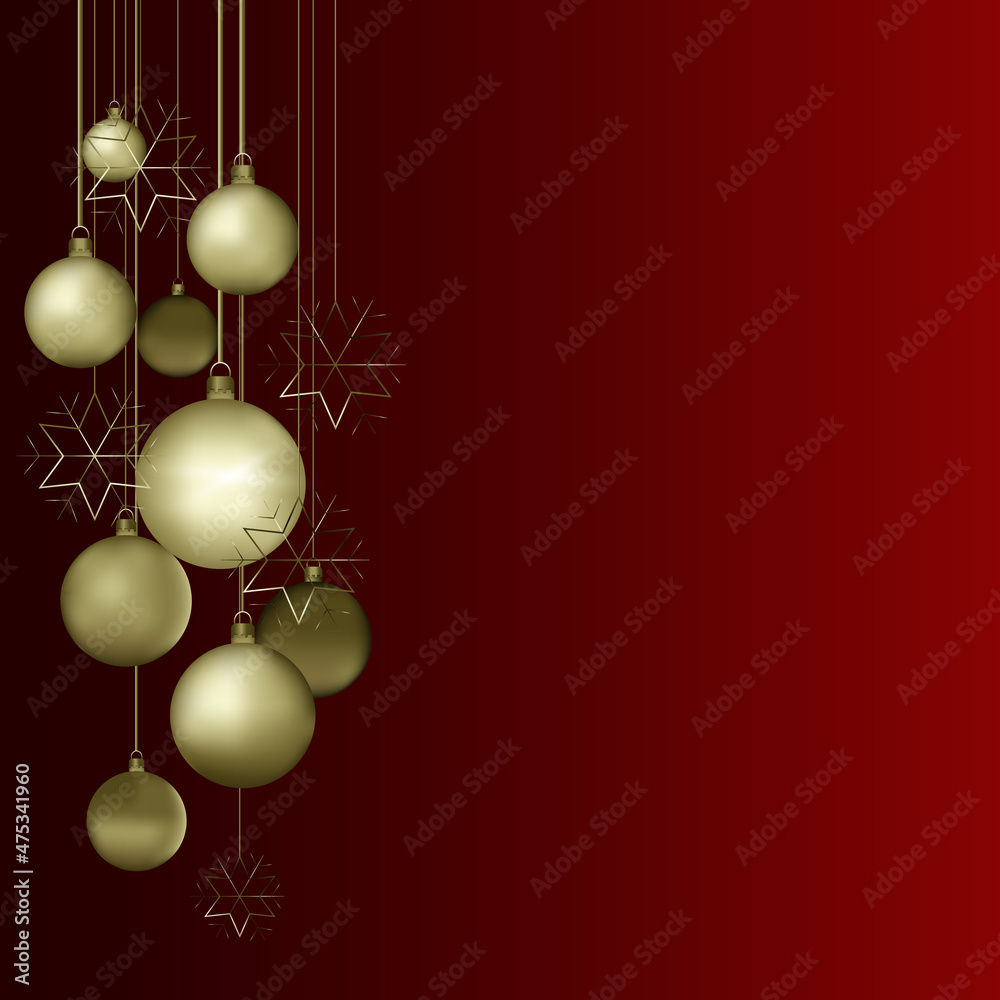 Christmas dark red background with hanging shining golden snowflakes and balls. Merry christmas greeting card. Holiday Xmas and New Year poster, web banner. Vector Illustration. Christmas dark red background with hanging shining golden snowflakes and balls. Merry christmas greeting card. Holiday Xmas and New Year poster, web banner. Vector Illustration.