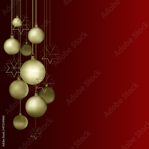 Christmas dark red background with hanging shining golden snowflakes and balls. Merry christmas greeting card. Holiday Xmas and New Year poster, web banner. Vector Illustration.