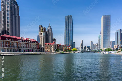 Bridge City scenery and modern architecture skyline by the Haihe River in Tianjin  China