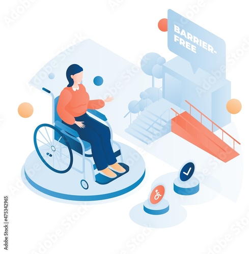 Isometric woman in wheelchair in front of multistorey house building with access ramp. Barrier free environment, vector.