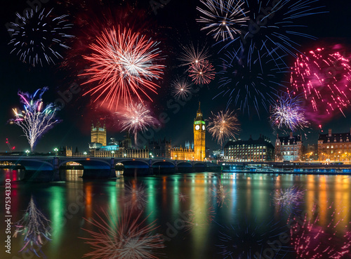 Fireworks over London and Big Ben sky at night on new year's eve