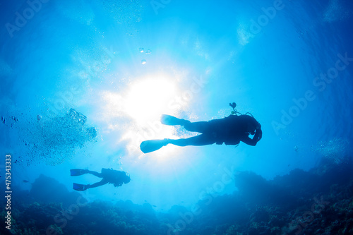 Scuba Diving beside a Reef Wall, silhouette against sun. 