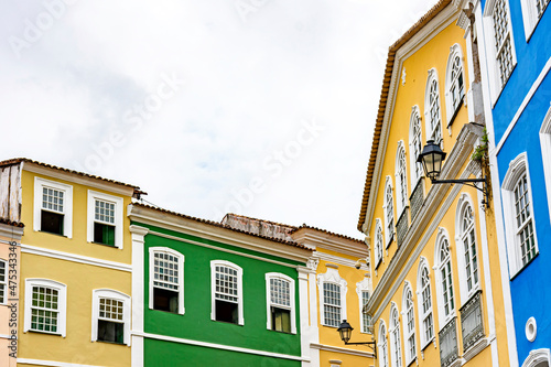 Beautiful colored facades of typical colonial-style buildings in Pelourinho in Savador, Bahia photo