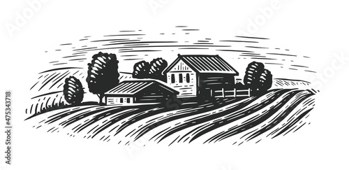 Countryside landscape farm fields. Rural rustic view sketch vintage vector illustration