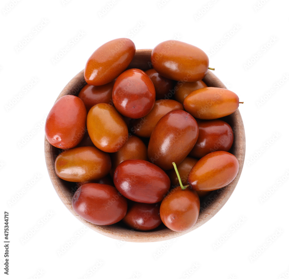 Obraz premium Ripe red dates in bowl on white background, top view
