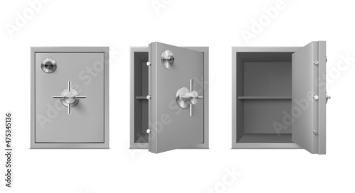 Collection realistic metal safe with open and closed door vector illustration bank vault storage