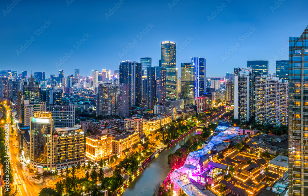Naklejka premium Chengdu Jiuyanqiao CBD night view and modern skyscrapers.