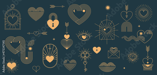 Minimalist Bohemian Valentine's day elements, art linear symbols and icons, heart, lips, sun and rainbow, design templates, geometric abstract design elements for decoration
