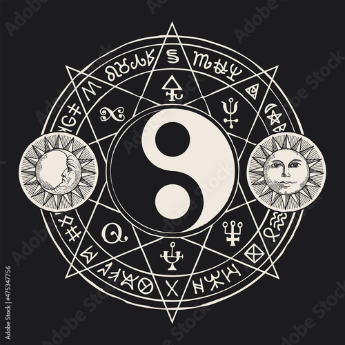 Vector black and white yin yang symbol with magic symbols, sun and moon on a black background in retro style. Esoteric and mystical sign of balance, harmony, Feng Shui, unity and opposites, zen, yoga