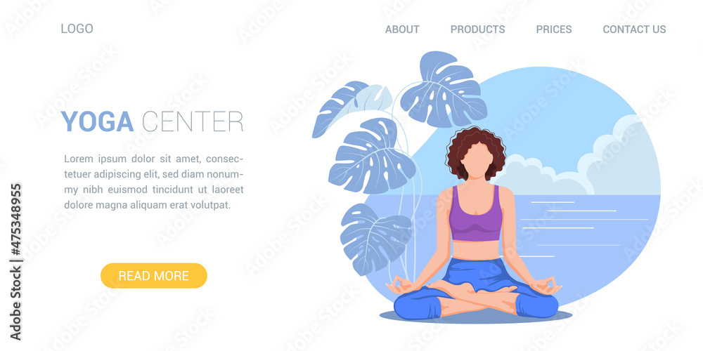 Web page template of Yoga Center. Modern flat design concept of web page design for website. Woman meditates in the lotus position on the background of nature. Vector illustration.