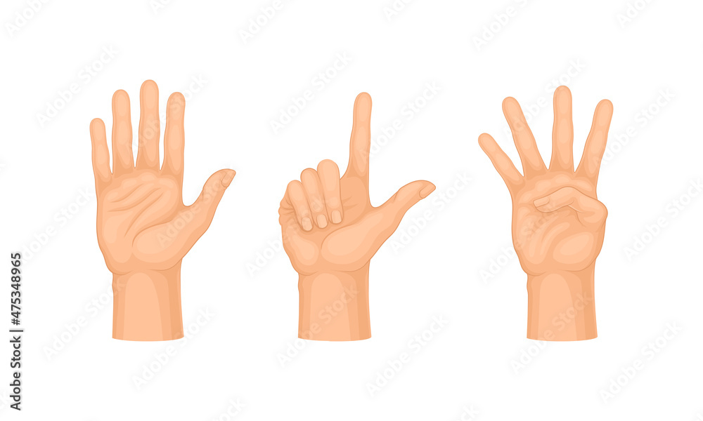 Human hand gestures set. Open hand doing counting gestures vector illustration Human hand gestures set. Open hand doing counting gestures vector illustration
