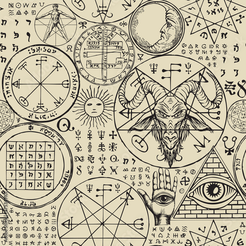 Abstract seamless pattern with hand-drawn goat head, all-seeing eye, sun, moon, vitruvian man, occult and esoteric symbols on an old paper backdrop. Monochrome vector background in retro style