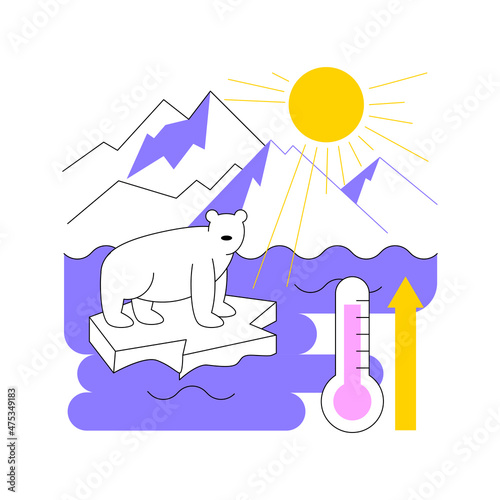 Melting glaciers abstract concept vector illustration. Polar ice caps melting, mountain glacier disappearing cause, raising sea level, global warming, world temperature rise abstract metaphor.