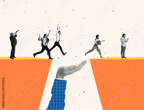 Creative modern design. Contemporary art collage climbing jumping over cliff symbolizing success