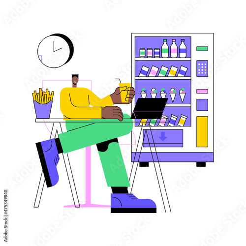 Snacking non-stop abstract concept vector illustration. Mindless snacking, junk food, non-stop eating while working, reduce cholesterol use, diet and nutrition, addictive habit abstract metaphor.