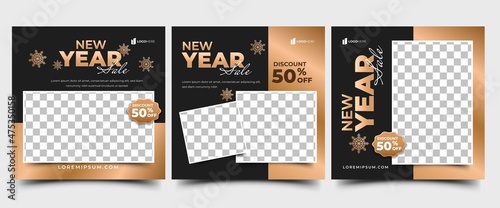 New year sale social media post template collection. Editable square banner with place for the photo.