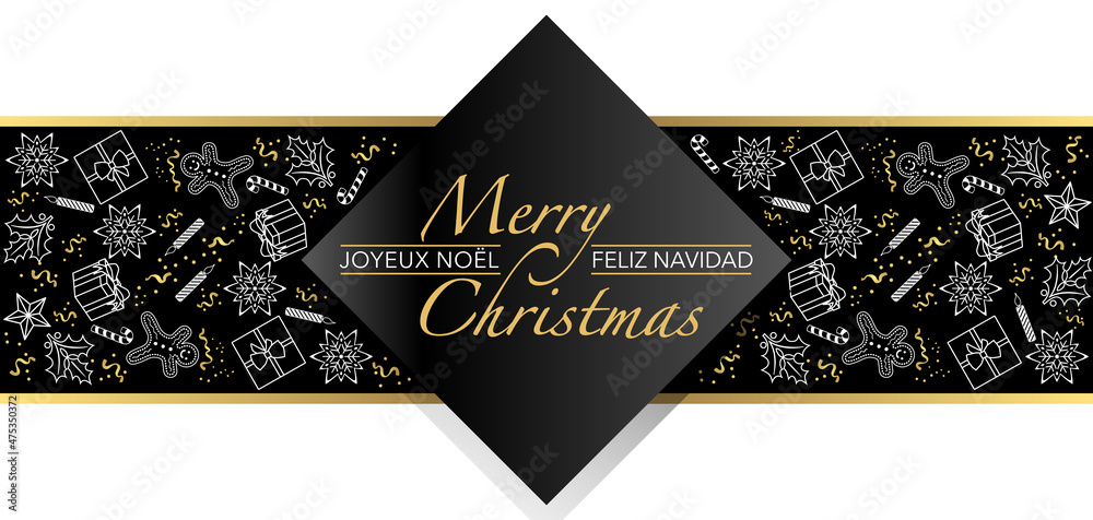 22 Banniere Avec Une Etiquette Typographique Pour Souhaiter Noel Fond Blanc Et Bande Noire Avec Des Pictogrammes Symboliques De Fetes Texte Anglais Francais Espagnol Traduction Joyeux Noel Stock Vector Adobe Stock