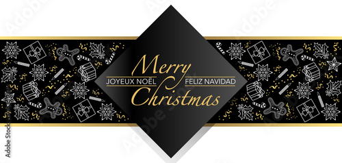 2022-Bannière avec une étiquette typographique pour souhaiter Noël, fond blanc et bande noire avec des pictogrammes symboliques de Fêtes - texte anglais, français, espagnol, traduction : joyeux Noël.