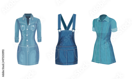 Fashionable denim clothes set. Blue jean dress and sundress female casual outfit vector illustration