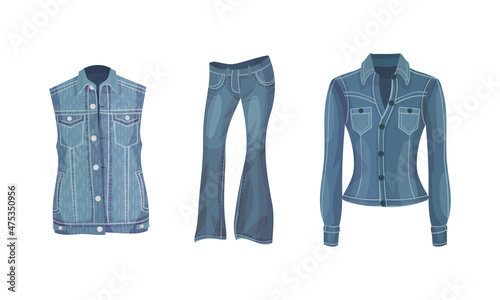 Fashionable denim clothes set. Vest, jeans and jacket female blue jean casual outfit vector illustration