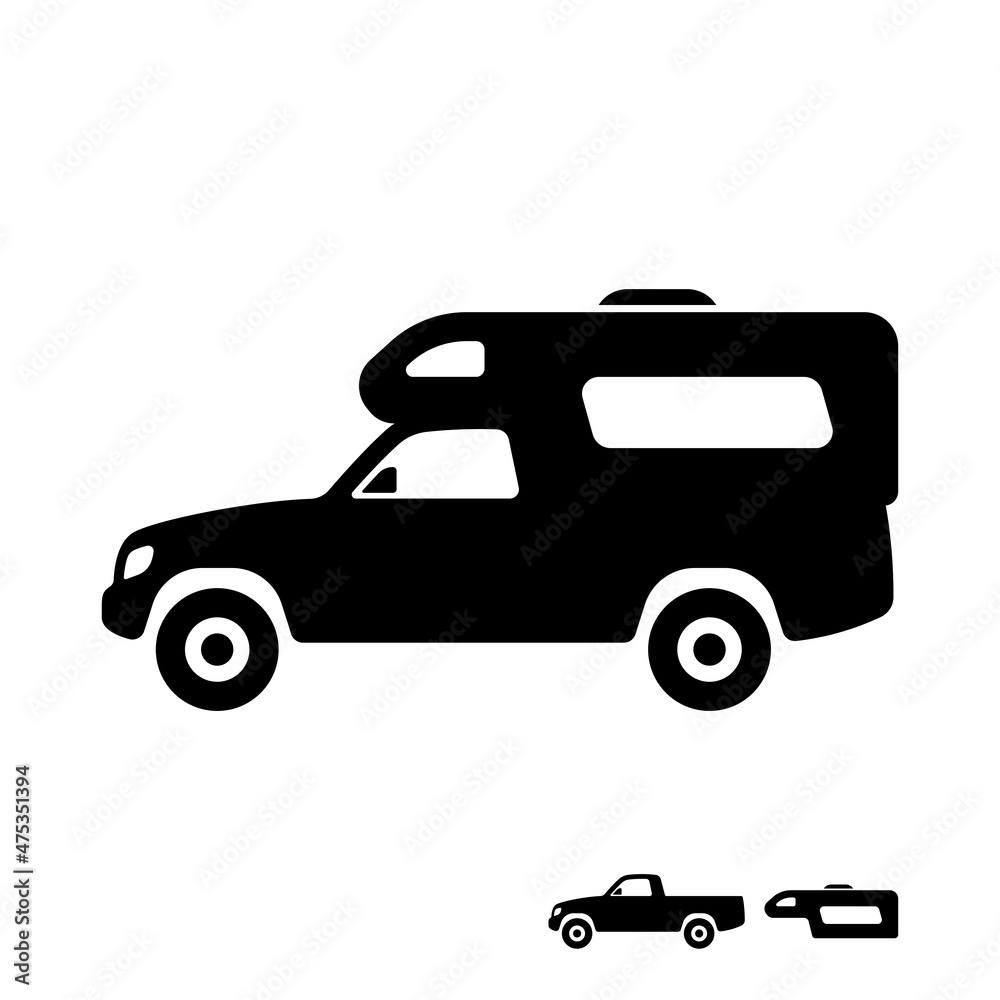 Pickup truck motorhome icon. Camper, caravan. Black silhouette. Side view. Vector simple flat graphic illustration. The isolated object on a white background. Isolate. Pickup truck motorhome icon. Camper, caravan. Black silhouette. Side view. Vector simple flat graphic illustration. The isolated object on a white background. Isolate.