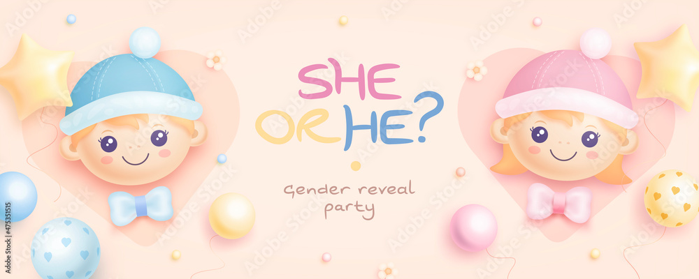 He or she. Cartoon gender reveal invitation template. Horizontal banner with realistic helium balloons. Vector illustration He or she. Cartoon gender reveal invitation template. Horizontal banner with realistic helium balloons. Vector illustration