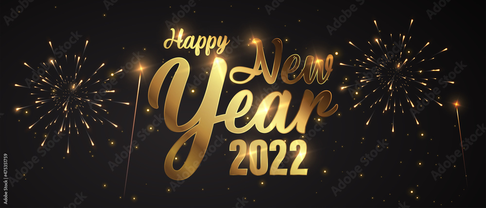Happy New Year of glitter gold fireworks. Vector golden glittering text and 2022 numbers with sparkle shine for holiday greeting card - obrazy, fototapety, plakaty 