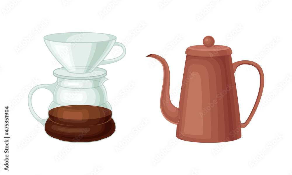 Coffee brewing equipment set. Glass coffee pot and teapot vector illustration