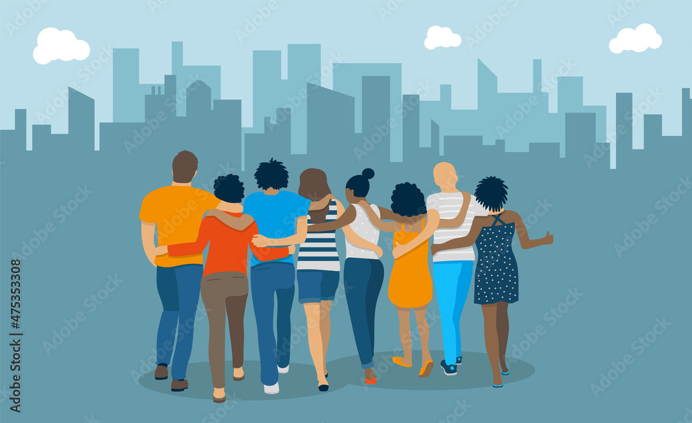 Groupe de jeunes gens qui avancent ensemble et qui se soutiennent. Illustration du concept de solidarité, de l'amitié et du travail en équipe avec entraide mutuelle.