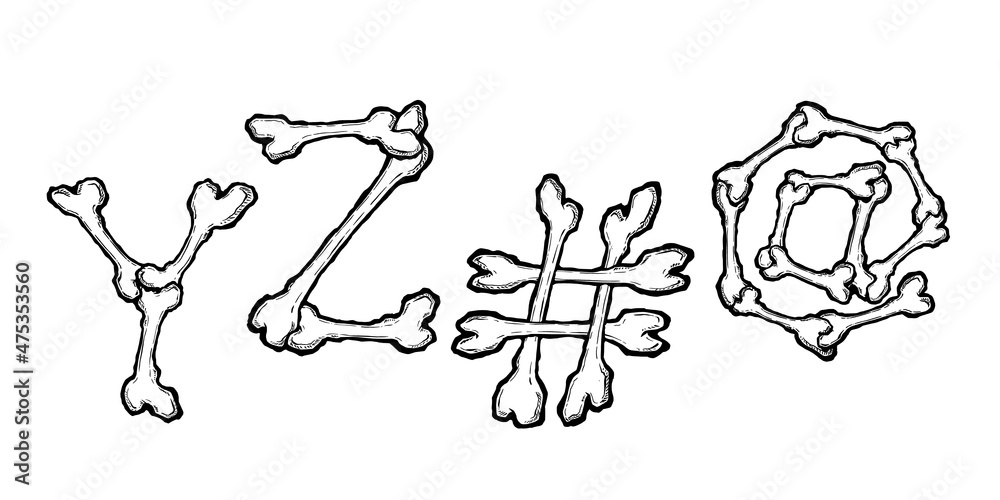Bones alphabet. Vector illustration in cartoon style on white background. Set 7