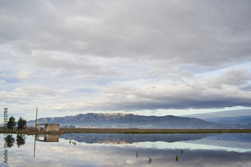 Reflection at sunrise of the flooded rice fields in the Ebro Delta estuary, on a cloudy winter day-sustainable agricultural livelihood. Ebro Delta Natural Park, Catalonia, Spain, Europe.
