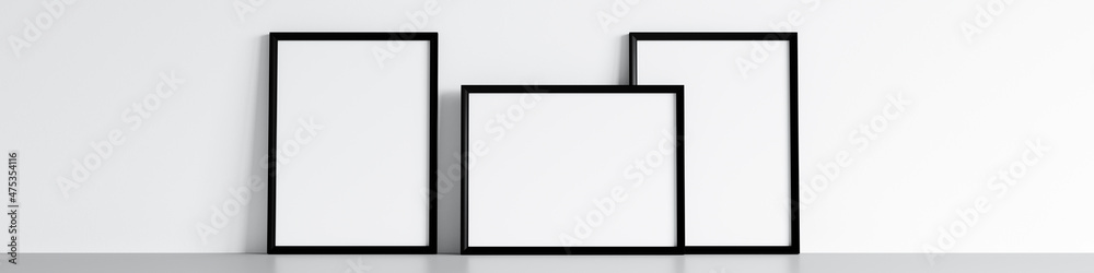 three black frames, minimalist style mockup, frames gallery, 3d render three black frames, minimalist style mockup, frames gallery, 3d render