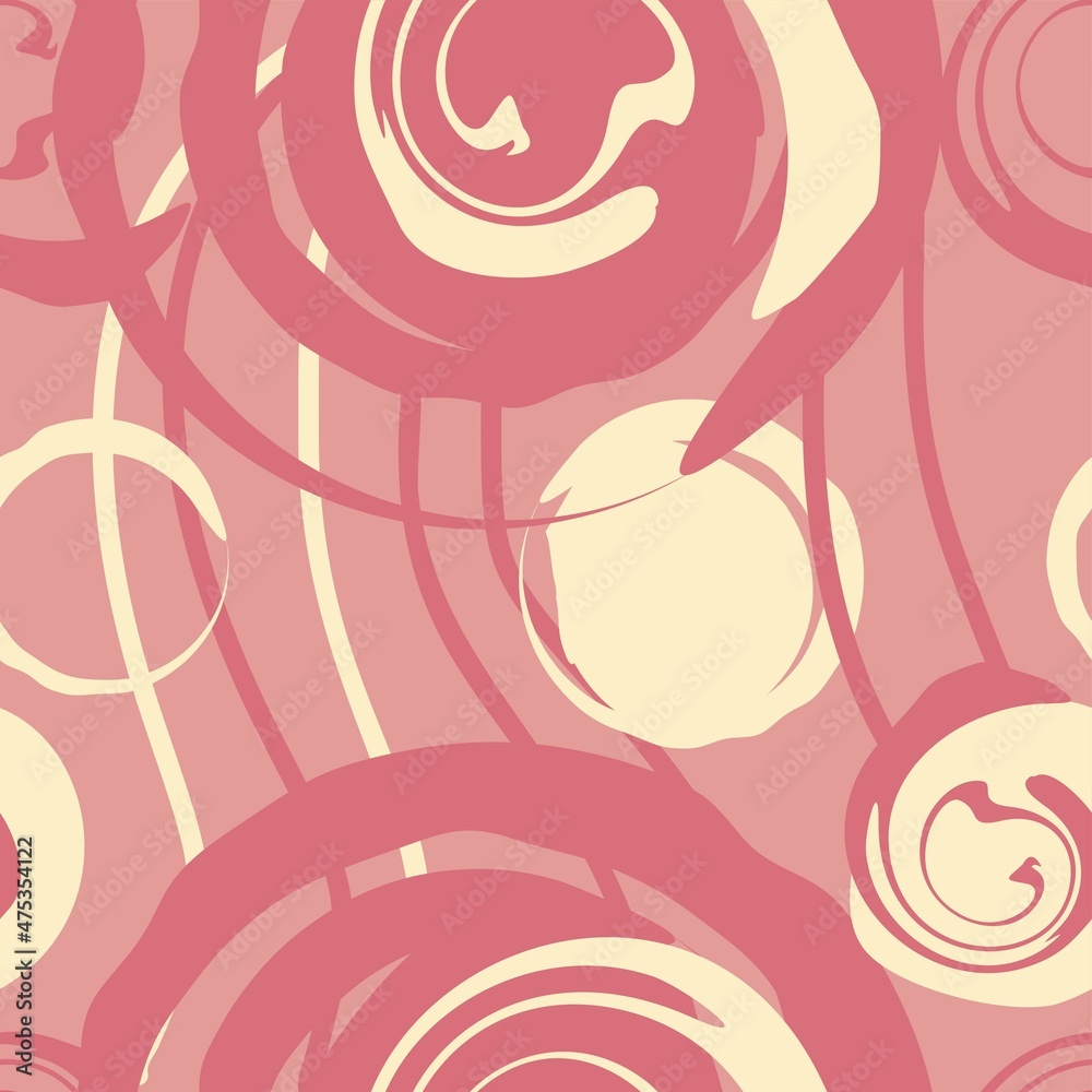 Vector pink abstract pattern with circles with turns and lines.