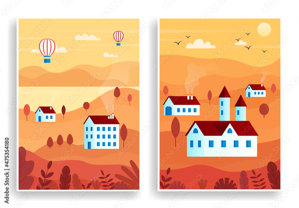 Landscape traditional buildings set. Houses stand on hills, beautiful sunset or sunrise. Invitation and greeting cards, postcards. Cartoon flat vector illustrations isolated on white background