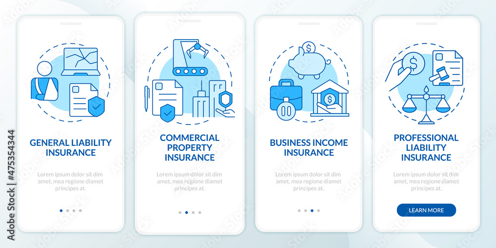 Insurance types blue onboarding mobile app screen. Policy walkthrough 4 steps graphic instructions pages with linear concepts. UI, UX, GUI template. Myriad Pro-Bold, Regular fonts used