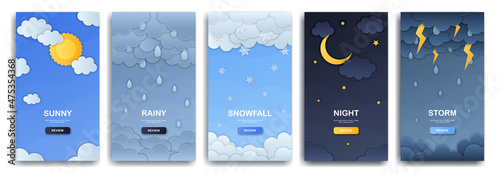 Set of weather condition illustrations. Sun, rain, snowfall, storm, seasons. Collection of cards, banners or posters. Flat cartoon vector illustrations