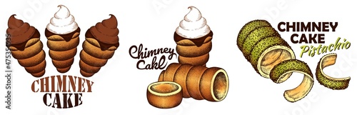 Sketch hand drawn logo of Chimney cake with ice cream, pistachio, chocolate, whipped cream isolated on white background. Line art drawing trdelnik, trdlo, Czech sweet baked food. Vector illustration. photo