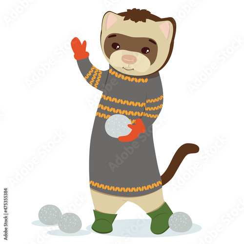 Cartoon animal ferret plays snowballs in winter.