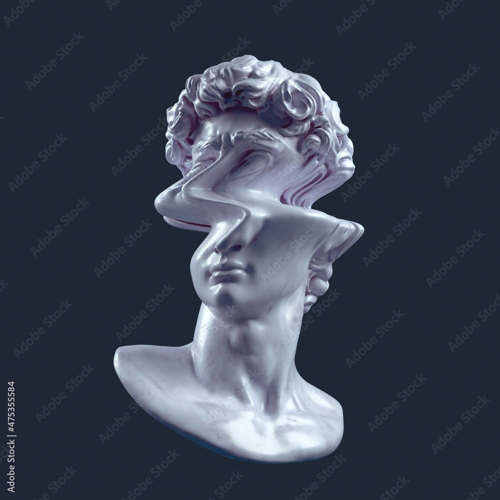 3D rendering concept illustration of glitch deformed classical head sculpture with on dark background background.