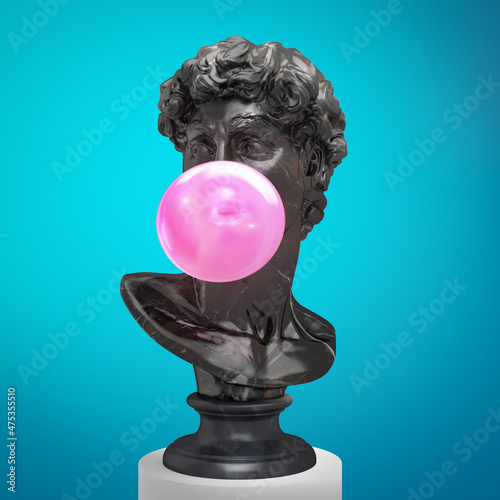 Funny concept illustration from 3d rendering of classical black marble head sculpture blowing a pink chewing gum bubble. Isolated on blue background. photo