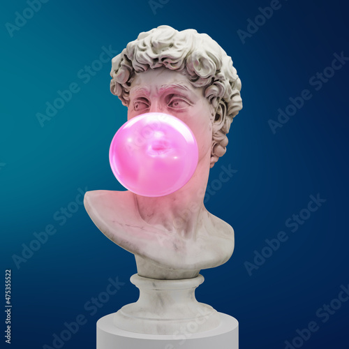 Photo Funny concept illustration from 3d rendering of classical head sculpture blowing a pink chewing gum bubble